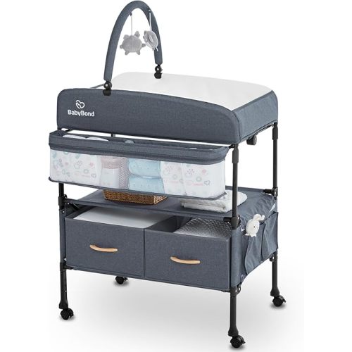 BabyBond Portable Baby Changing Table with 2 Storage Baskets, Foldable Diaper Changing Table Dresser Waterproof Height Adjustable Changing Station for Infant and Newborn(Grey)