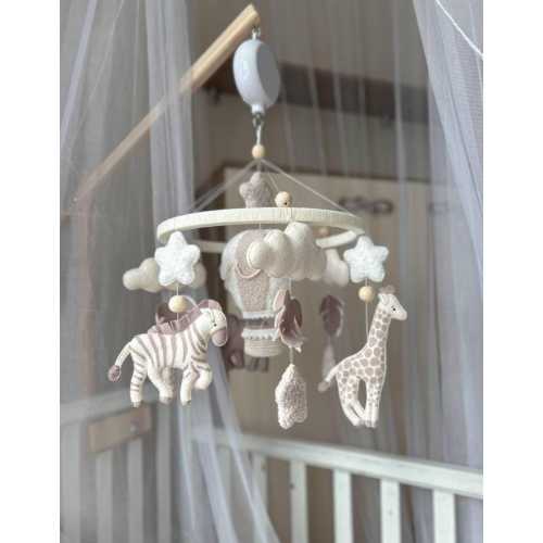 Safari Nursery Mobile with Light | Cappuccino Crib Mobile | Zebra, Giraffe, Elephant | Light-Up Mobile | Neutral Baby Decor