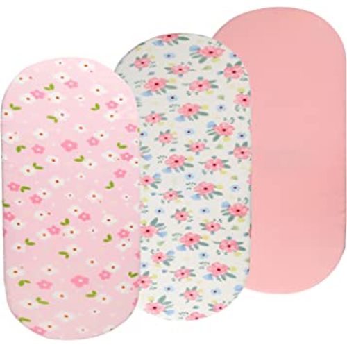 Bassinet Sheets Set 3 Pack for Baby Girl, Stretchy Soft Jersey Knitted Fitted Sheet Universal for Oval Rectangle and Hourglass Bassinet Mattress, Pink Floral
