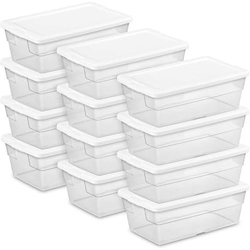 Sterilite 12-Pack 6 Quart Storage Boxes, Stackable Clear Plastic Bins with Snap-On Lids – Heavy-Duty Organizing Containers for Closet, Bathroom, and Office