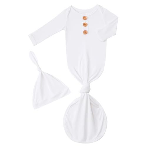 Newborn Baby Boys Girls Knotted Gown Hat Set Soft Bamboo Viscose Infant Sleeper Baby Sleep Gown with Mittens