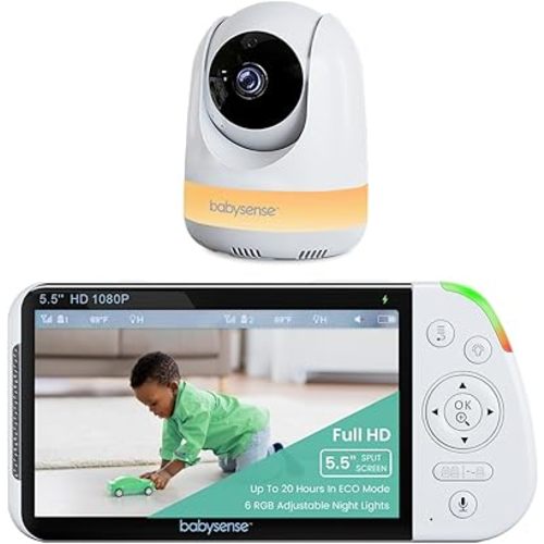 Babysense 5.5” 1080p Full HD Split-Screen Baby Monitor, Video Baby Monitor with Camera and Audio, PTZ Camera, RGB Night Light, 1000ft Range, Two-Way Audio, 4X Zoom, 5000mAh Battery