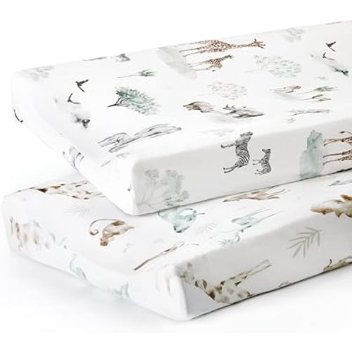 GRSSDER Stretch Ultra Soft Jersey Knit Changing Pad Cover Set 2 Pack, Change Table Pad Covers Fit 32"/34" x 16" Pads Safe and Snug, Stylish Pattern for Boys and Girls, African Savannah Animals