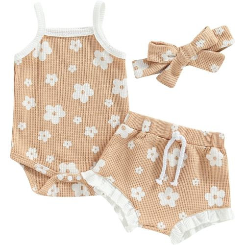 Newborn Baby Girls Clothes Sets Waffle Floral Print Sleeveless Bodysuits+Ruffles Drawstring Summer Shorts+Headband - 0-3 Months - Light Khaki