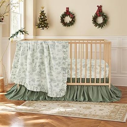 Brandream 3 Pieces French Country Toile Crib Bedding Set for Girls Vintage Green Toile Floral Print 100% Cotton Baby Girl Nursery Bedding Collection - Ruffles Quilt,Toile Crib Sheet,Crib Bed Skirt