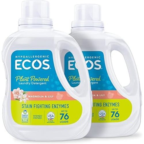 ECOS Laundry Detergent Liquid with Enzymes, 152 Loads - Plant-Powered Hypoallergenic Laundry Soap for Activewear, Pet Stains and Tough Odors - Magnolia Lily, 70 Fl Oz (Pack of 2)