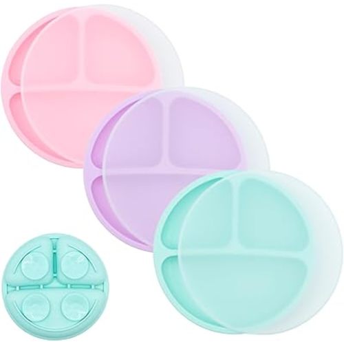 WeeSprout Suction Plates for Babies With Lids & Toddlers - 100% Silicone, Dinnerware Stays Put, Divided Design for Picky Eaters, Microwave & Dishwasher Friendly, 3 Pack