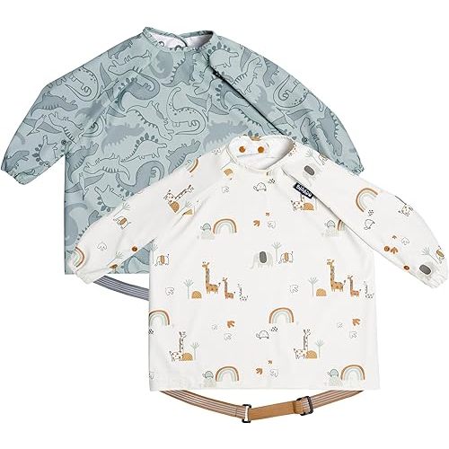 BIBaDO - Long Sleeve Baby Bibs 2-Pack - Babies & Toddlers 6-36 Months - Coverall Baby Led Weaning Bib - Easy Wipe, Soft & Waterproof