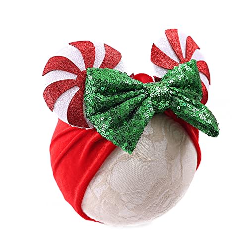 JIAHANG Christmas Mouse Ears Headwrap with Lollipop, Velvet Hair Bow Turban Knotted Headband, Baby Girl Wide Hairband for Newborn Infant Toddler, Party Headwear (christmas headwrap 2)