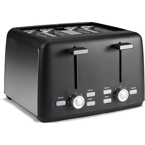 Amazon Basics 4 Slice Toaster, With 7 Browning Settings, Extra Wide Slots For Bagels and Special Breads, Removable Easy-to-Clean Crumb Trays, Cancel/Defrost/Bagel Buttons, 1500W, Black & Silver
