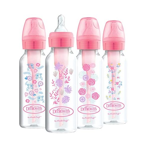 Dr. Brown’s Natural Flow® Anti-Colic Options+™ Narrow Baby Bottles 8 oz/250 mL, with Level 1 Slow Flow Nipple, 4 Pack, Pink Floral, 0m+