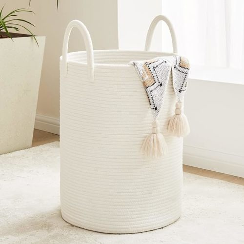 72L Large Woven Laundry Hamper by Fiona's magic, Tall Cotton Rope Storage Basket, Jute Baby Nursery Hamper for Blankets, Toys and Clothes in Bedroom and Living Room Organizing, White - Beige - Large (72L)