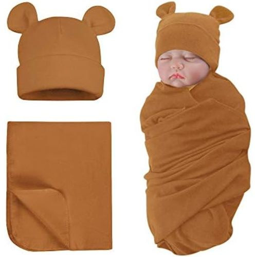 PESAAT Cotton Baby Swaddle Hat Set Newborn Infant Hats Receiving Blankets for Baby Boys Girls
