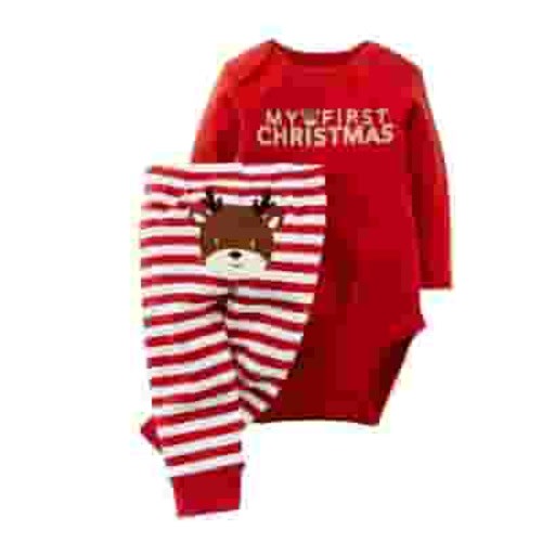 Generic Boys' Fashion Toddler Baby Girls PJ's Pajamas Christmas Deer Romper Striped Pants Outfits Long Sleeve Crewneck Fall Winter Clothes Set(0-3 Months,Red)