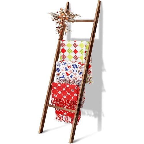 5-Tier Blanket Ladder Wooden, 5.3FT(63'') Blanket Quilt Holder Rack Decorative Ladder, Easy Assembly, Rustic Farmhouse Ladder Shelf for The Living Room Bedroom Bathroom Home Decor, Brown