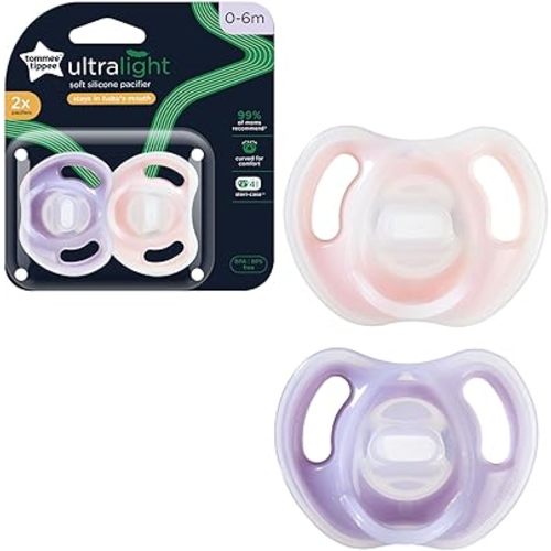 Tommee Tippee Ultra-Light Silicone Pacifier, 0-6 Months, Symmetrical One-Piece Design, BPA-Free Silicone Binkies, Pink/Purple, Pack of 2