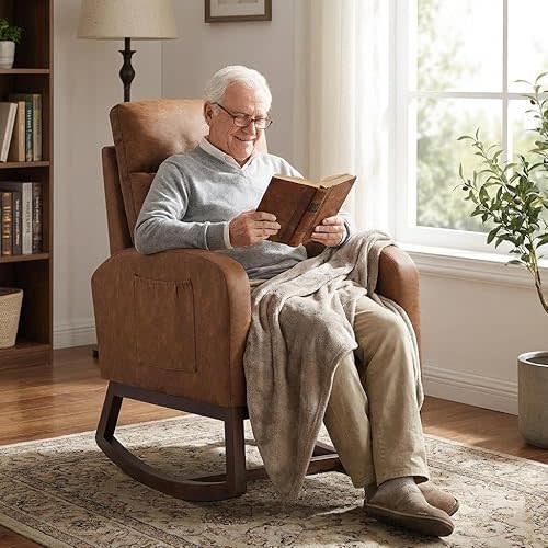 Upholstered Rocking Glider Chair with Footrest and Tall Backrest – Comfort Rocker for Nursing Moms, Bedroom, Living Room, Solid Wood Construction, Vintage Brown