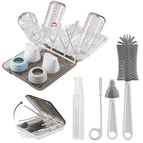 Baby Bottle Brush,6 in 1 Bottle Cleaner Set with Extendable Silicone Bottle Brush,Drying Rack,Nipple & Straw Brushes,Soap Dispenser & Organizer Case,Ideal Gifts for Babies& Moms