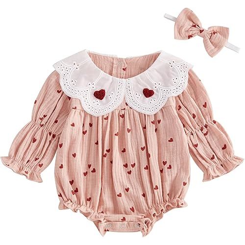 SAYOO Baby Girl Valentine's Romper Cotton Linen Heart Print Bubble Smocked Bodysuit Jumpsuit Headband Ruffle Outfits