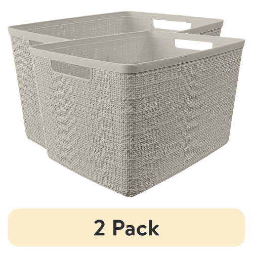 (2 pack) Curver Jute Large Beige Plastic Decorative Storage Basket, 14 in x 11 in x 9 in