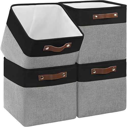 Collapsible Fabric Cube Storage Bins 11x11×11, Pack of 4 Closet Basket Boxes with PU Handles for Organizing Shelves, Toys, Clothes, Home, Office (Dark & Gray)