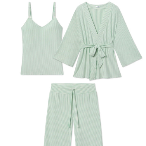 LAKE Pajamas Parisian Green Pencil Stripe Maternity Kimono Bundle