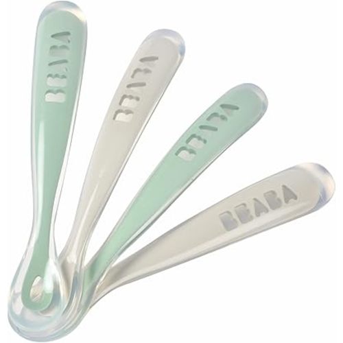 BEABA Baby's First Foods Spoon Set, Original Silicone Baby Spoons, Pack of 4 Baby Gift Set, BPA Lead & Phthalate Free, (Sage)