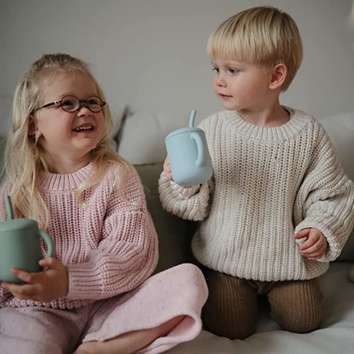mushie 100% Silicone Training Cup & Straw for Toddlers | 6 Months+ (Powder Blue)
