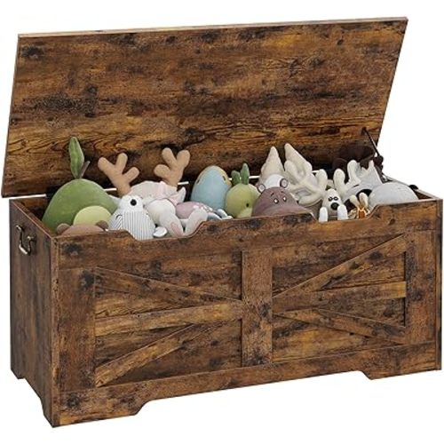 IDEALHOUSE 39.4" Storage Chest, Storage Bench Wooden Toy Chest Box, Farmhouse Storage Trunk with Safety Hinge, Supports 350 lbs, for Entryway, Living Room, Bedroom,Rustic Brown