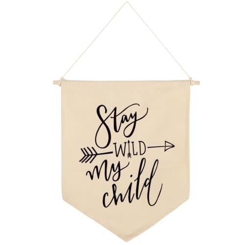 Stay Wild Hanging Wall Canvas Banner, Baby Nursery Decor Girls Boys, Toddler Kidsroom Wall Canvas Hanging Pennant Flag Banner Decor for Babyroom Classroom, Playroom, Bedroom Front Door