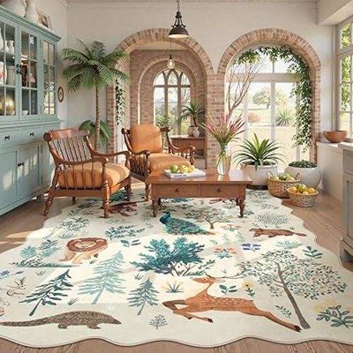 Jungle Living Room Rug 8x10, Soft Large Rugs for Bedroom Ultra-Thin Washable Area Rug, Print Indoor Non Slip Neutral Carpet for Dining Room Nursery Playroom (Beige, 8'x10')