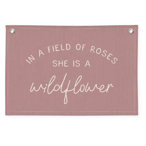 Wheatwin Wildflower Nursery Decor, Girls Room Decor, In a Field Full of Roses She Is a Wildflower Banner, Pink Linen Banner Flag Decor for Little Girl Baby Girl, Girls Room Wall Decor Canvas Banner