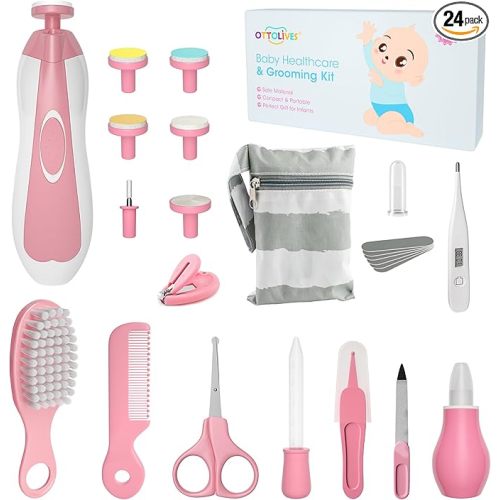 OTTOLIVES Baby Healthcare and Grooming Kit, 24 in 1 Baby Electric Nail Trimmer Set Newborn Nursery Health Care Set for Newborn Infant Toddlers Baby Boys Girls Kids Haircut Tools (0-3 Years+) (Pink)