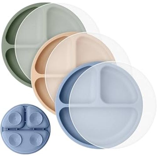 Cutebe 3 Pack Toddler Plates with Lids Baby Plates with Soft Material Silicone Suction Plates for Baby with Divided Design & Raised Edges Suction Plates for Feeding