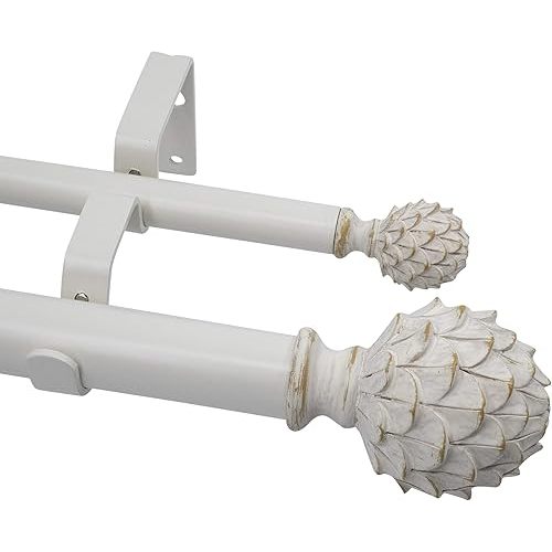 MERIVILLE 1-Inch Diameter Double Window Treatment Curtain Rod, Artichoke Finial, 48-inch to 84-inch Adjustable, Weathered White Finish