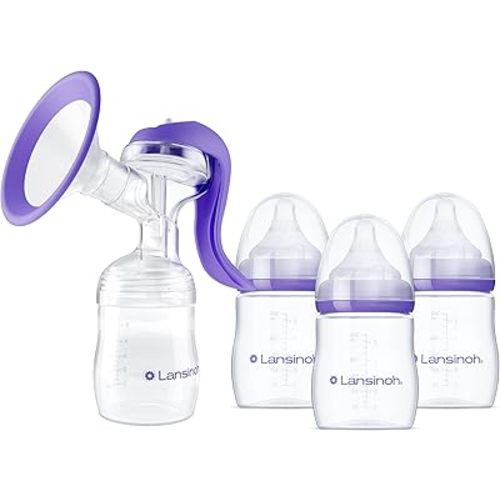 Lansinoh Manual Breast Pump, Hand Pump for Breastfeeding, Includes 5oz Baby Bottle + Baby Bottles for Breastfeeding Babies, Newborn Essentials, 5oz, 3 Ct, Includes 3 Slow Flow Nipples (Size 2S)