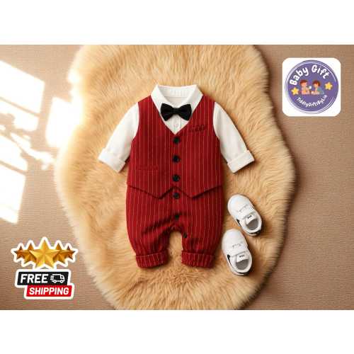 Baby Boy Formal Outfit | Cotton Long Sleeve Romper | Infant Gentleman Party Suit | Toddler Jumpsuit for Special Events | Cozy Party Outfit