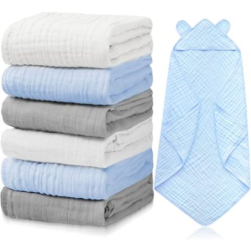 Preboun 6 Pcs Muslin Baby Hooded Towels Cotton Absorbent 6 Layers Cute Bath Toddler Towels for Newborn Kids Girl Infant Boys Toddler Shower Gift Supplies (Grey,Blue,White)
