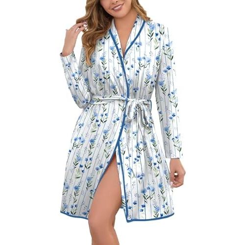 Robes for Women Print Long Sleeve Kimono Bath Robe Lightweight House Coat Bathrobe Loungewear with Pockets
