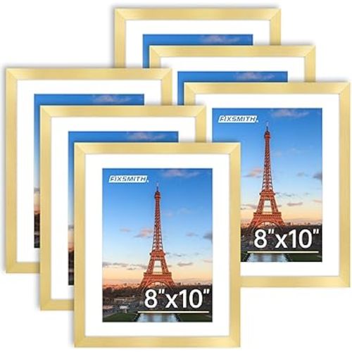 FIXSMITH 8x10 Picture Frame Bulk-6 Pack, Gold Picture Frames Collage Wall Decor, Wall & Tabletop Picture Frames, Photo Frame with HD Plexiglass, Display Pictures 5x7 with Mat or 8x10 Without Mat