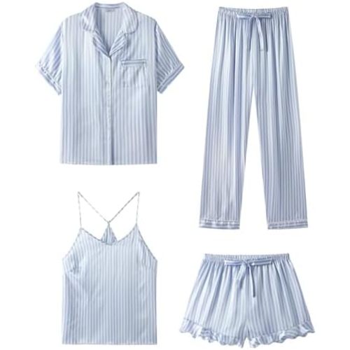 SAPJON Silk Pajamas for Women Set 4Pcs Ruffled Satin Pajamas Set Button Down Short Sleeve Cami Shorts Sleepwear Pj Set