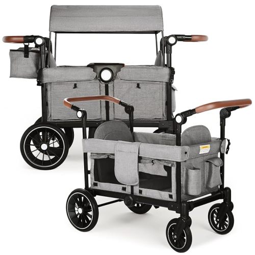 Wagon Stroller for 2 Kids, Foldable Kids Wagon Cart Featuring with Harnesses, Adjustable Double Push Handle, Removable Canopy, Snack Tray, Large Storage Bag, Gray