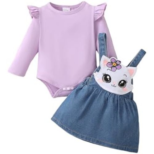 Kucnuzki Newborn Baby Girl Clothes Toddler Long Sleeve Ruffle Romper Top Infant Skirt Set Little Girl Overall Dress