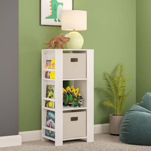 RiverRidge Kids Bookshelf Toy Organizer Tower with 3 Cubbies 6 Bookracks and 2 Taupe Bins