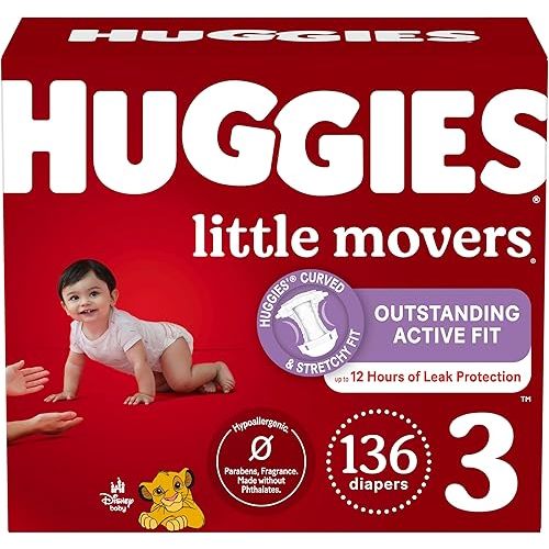 Huggies Size 3 Diapers, Little Movers Baby Diapers, Size 3 (16-28 lbs), 136 Count, Packaging May Vary