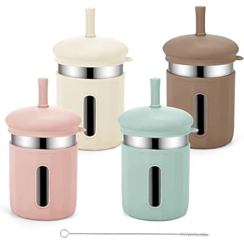 Stainless Steel Kids Cups, 12.51 oz Toddler Tumbler with Straws and Lids, Spill-Proof Baby Smoothie Cups with Silicone Sleeve, Versatile 2-in-1 Drinking Snack Cups for Kids (Pink+Green+Beige+Brown)