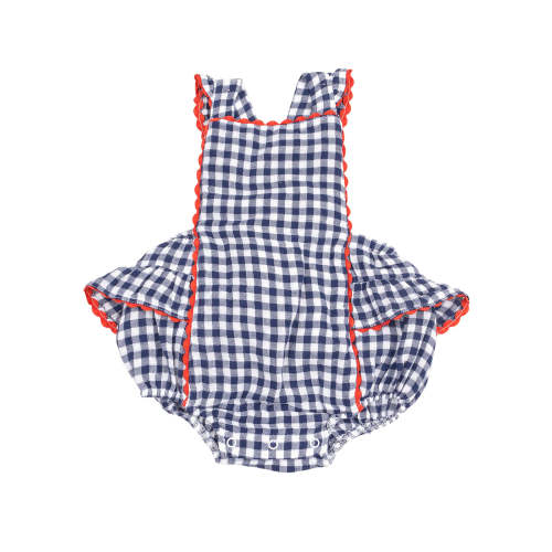 Ric-Rac Ruffle Sunsuit, Navy Gingham