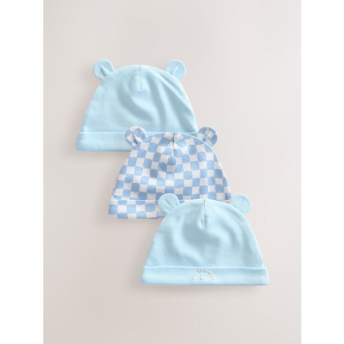 Blue 100% Cotton Baby Bear Ear Beanie Hats 3 Pack (0-18mths)