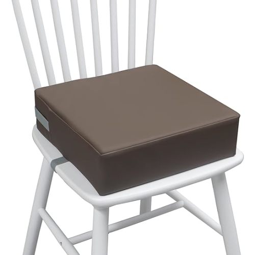 Toddler Booster Seat for Dining Table, Two Elastic Seat Belts, Anti-Scratch PU Skin-Friendly, Waterproof, Anti-Wrinkle, Detachable Non-Slip Bottom - Dark Brown