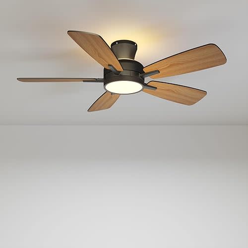 TALOYA Ceiling Fans with Lights and Remote, 46 Inch Low Profile Ceiling Fan with Light, Flush Mount, Reversible, 3CCT, Dimmable Black Modern Ceiling Fan for Bedroom, Living Room, Outdoor Patio
